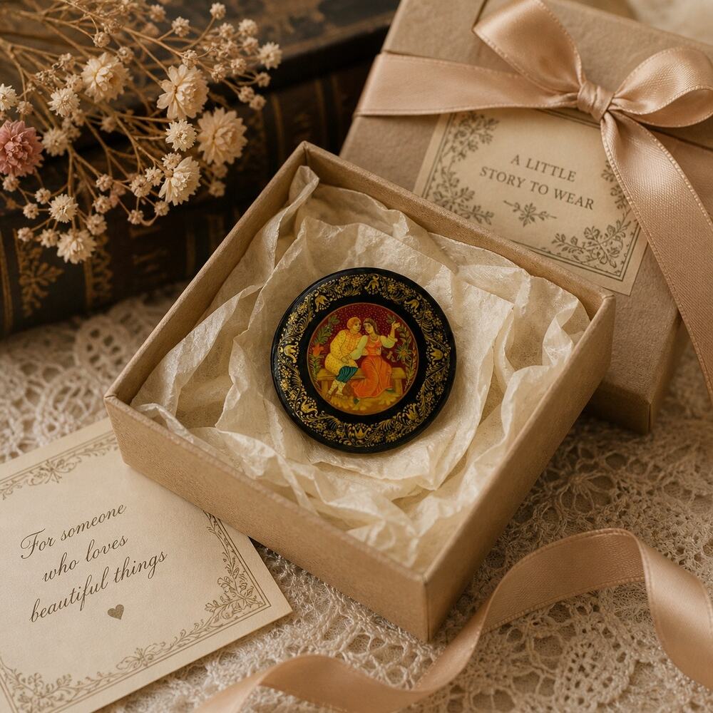 Hand Painted Brooch Lovers Black Background Accent Trim Jewelry Signed Vintage - Picture 8 of 10